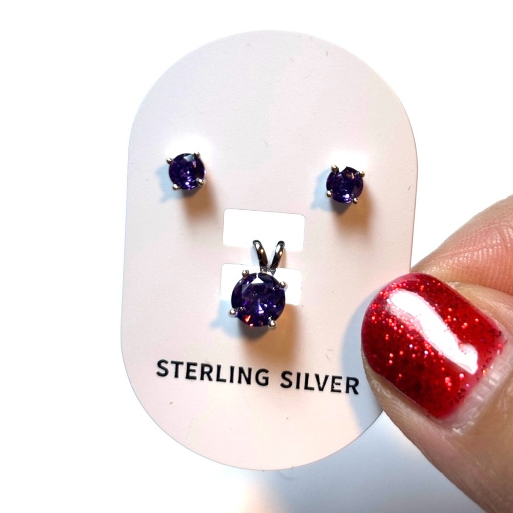 NWT Amethyst Colored CZ 925 Sterling Silver Studs and Pendant Set, Includes 18in